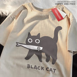 Load image into Gallery viewer, Fun Black Cat Eating Fish T-Shirt - Japanese Style Cotton Tee