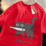 Load image into Gallery viewer, Fun Black Cat Eating Fish T-Shirt - Japanese Style Cotton Tee