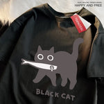 Load image into Gallery viewer, Fun Black Cat Eating Fish T-Shirt - Japanese Style Cotton Tee