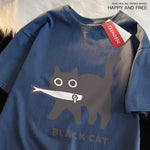 Load image into Gallery viewer, Fun Black Cat Eating Fish T-Shirt - Japanese Style Cotton Tee