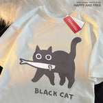 Load image into Gallery viewer, Fun Black Cat Eating Fish T-Shirt - Japanese Style Cotton Tee