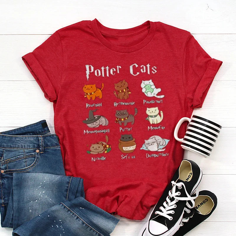 Cute Potter Cats Mom T-Shirt - Unisex Cotton Casual Tee