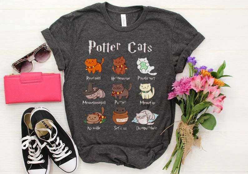 Cute Potter Cats Mom T-Shirt - Unisex Cotton Casual Tee