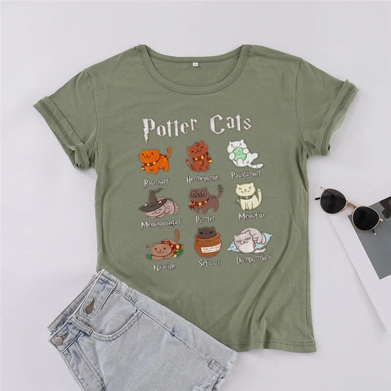Cute Potter Cats Mom T-Shirt - Unisex Cotton Casual Tee