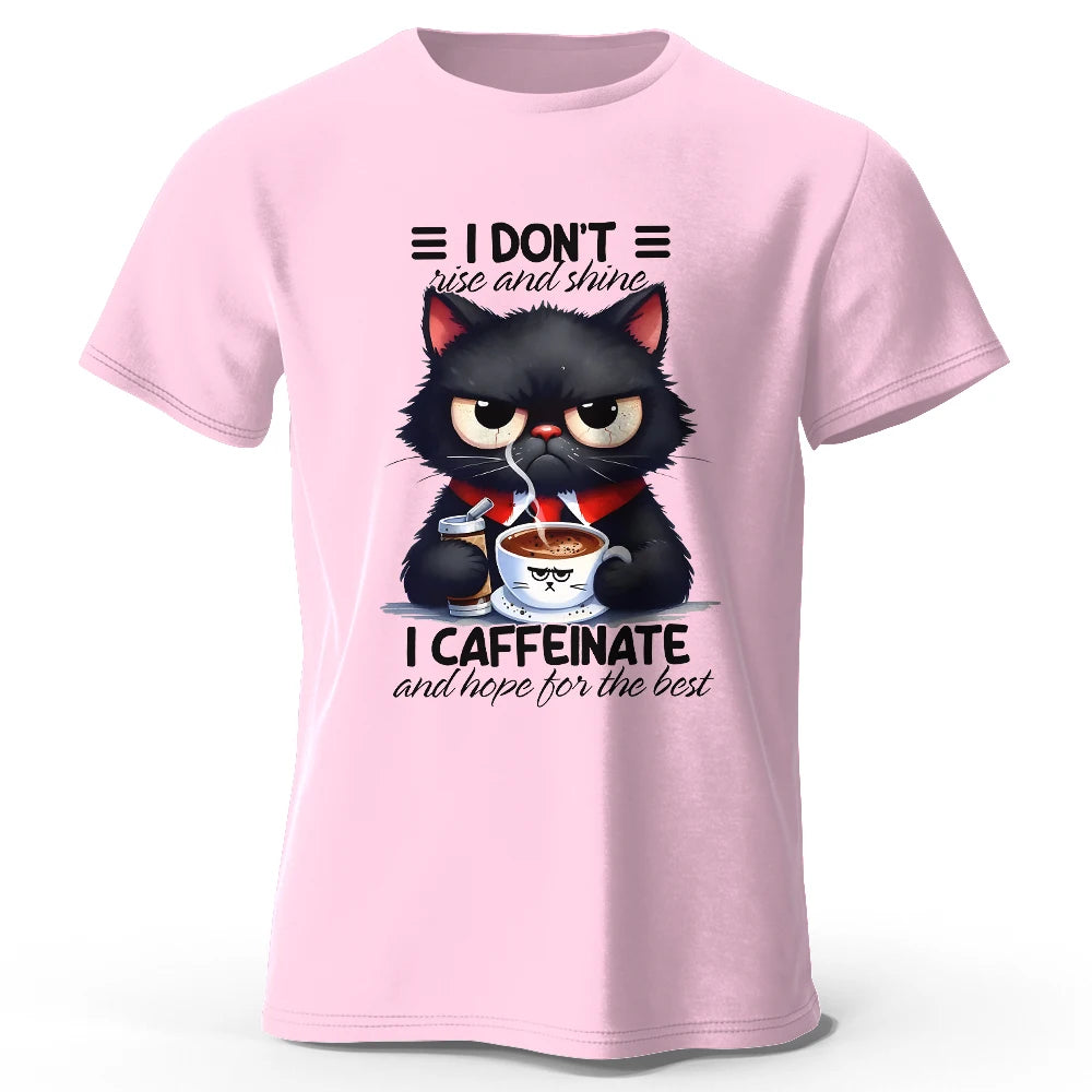 Coffee Loving Cat Print T-Shirt - 100% Cotton Unisex Round Neck Tee