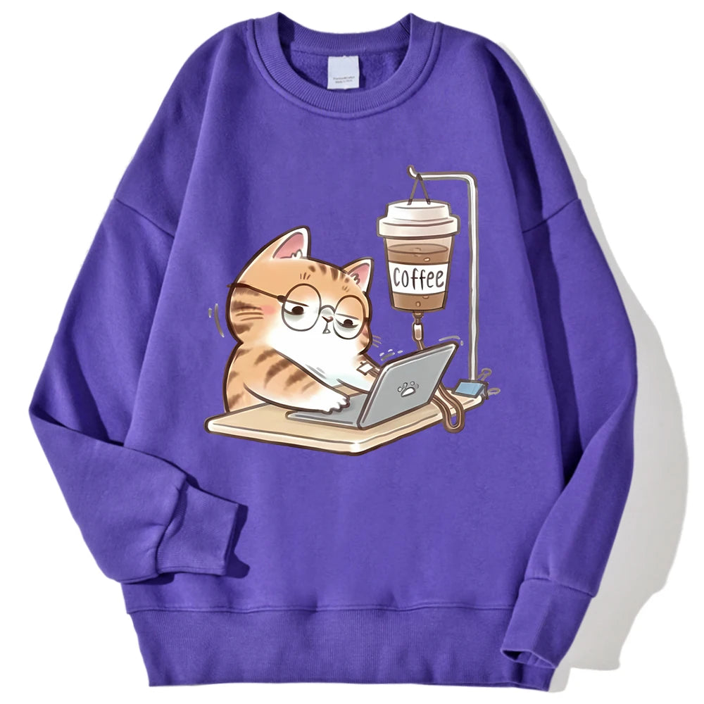 Work Cats Coffee Hoodie - Loose Comfortable Fleece Hoodie for Women Men