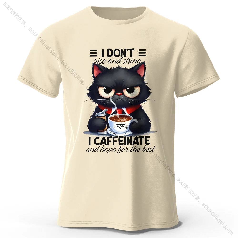 Coffee Loving Cat Print T-Shirt - 100% Cotton Unisex Round Neck Tee