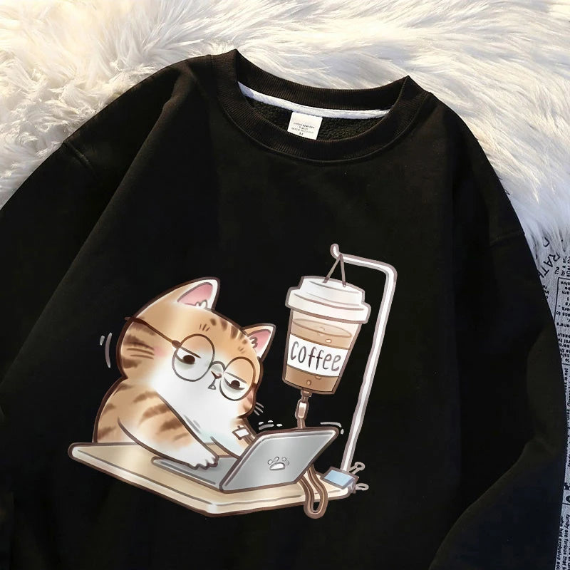 Work Cats Coffee Hoodie - Loose Comfortable Fleece Hoodie for Women Men