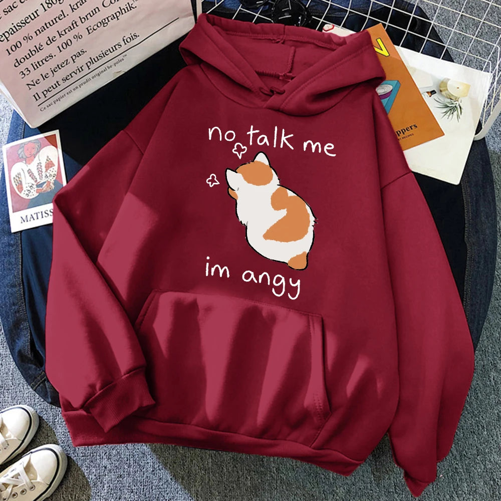 No Talk Me Angry Cat Print Hoodie - Women's Hip Hop Fleece Pullover
