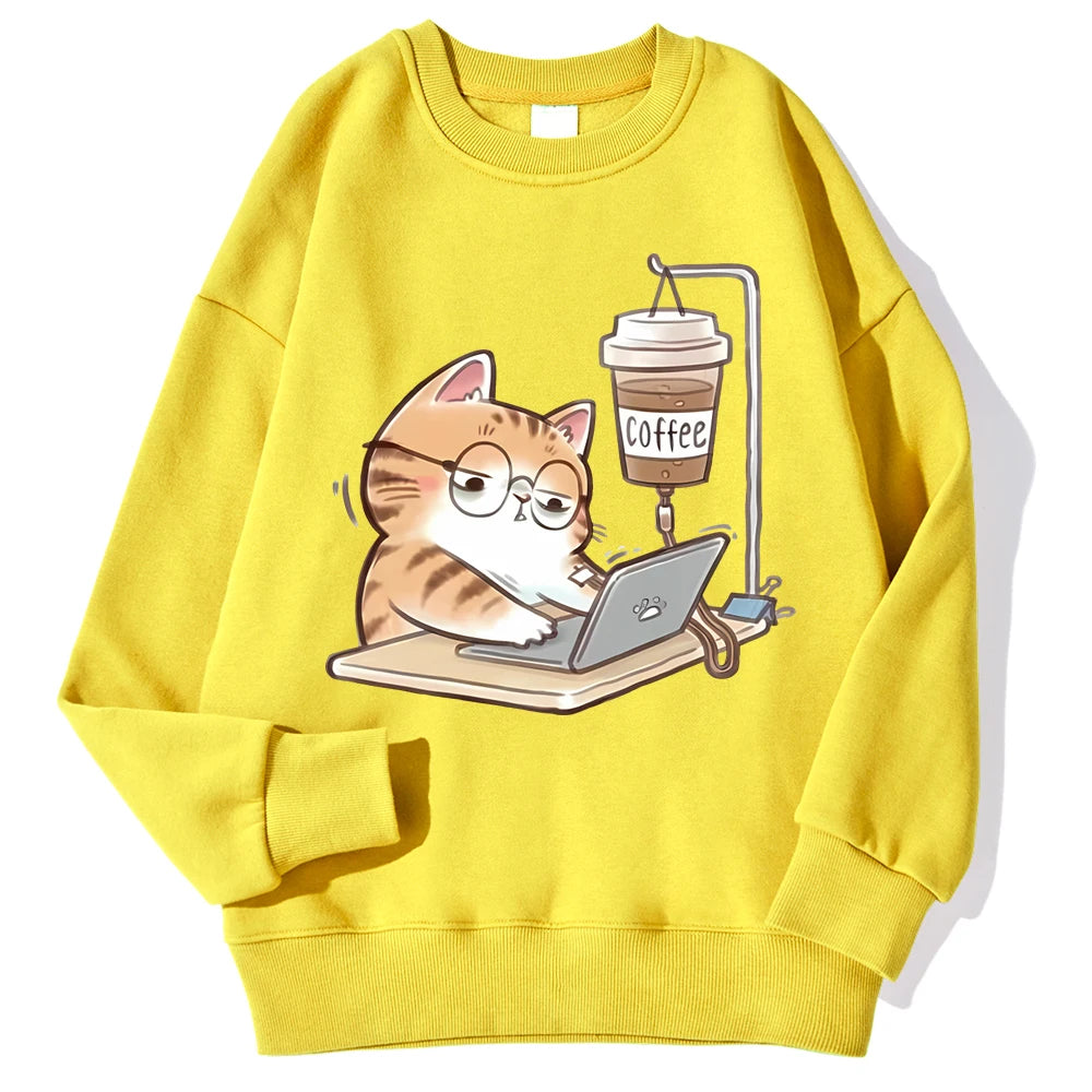 Work Cats Coffee Hoodie - Loose Comfortable Fleece Hoodie for Women Men