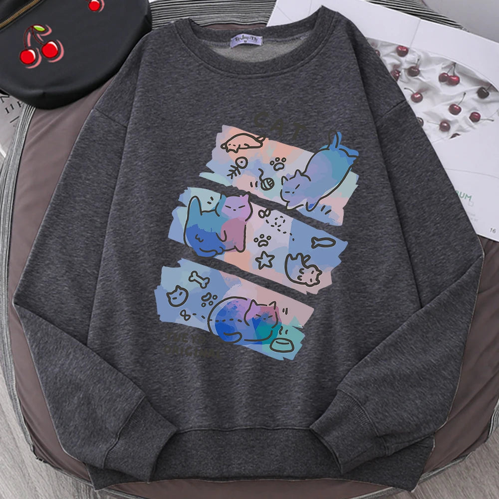 Fun Mischievous Cat Print Hoodie - Loose Comfortable Fleece Pullover