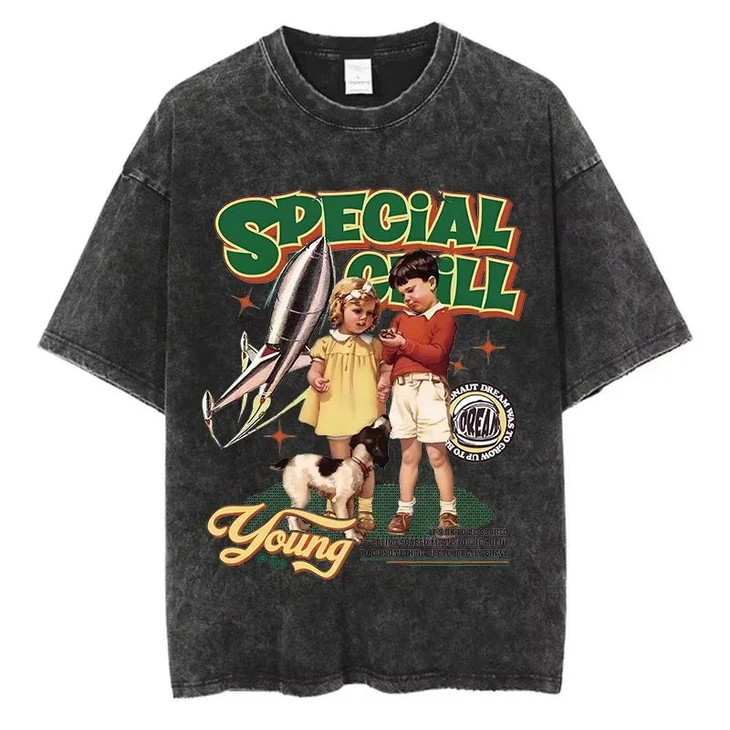 Animal Cat Print Vintage Washed T-Shirt - Y2K Cotton Hip Hop Tee