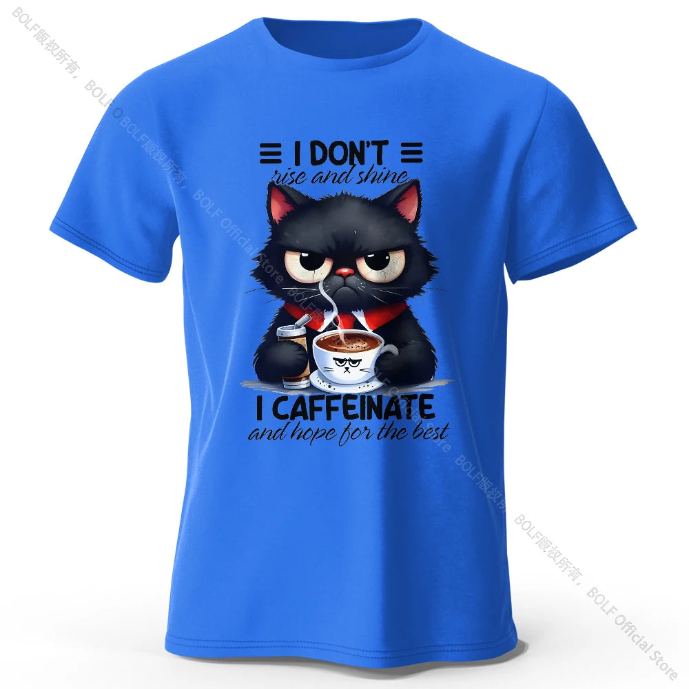 Coffee Loving Cat Print T-Shirt - 100% Cotton Unisex Round Neck Tee