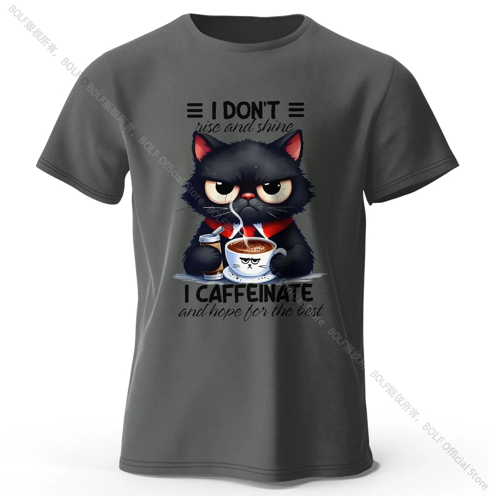Coffee Loving Cat Print T-Shirt - 100% Cotton Unisex Round Neck Tee