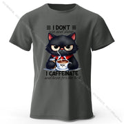 Coffee Loving Cat Print T-Shirt - 100% Cotton Unisex Round Neck Tee