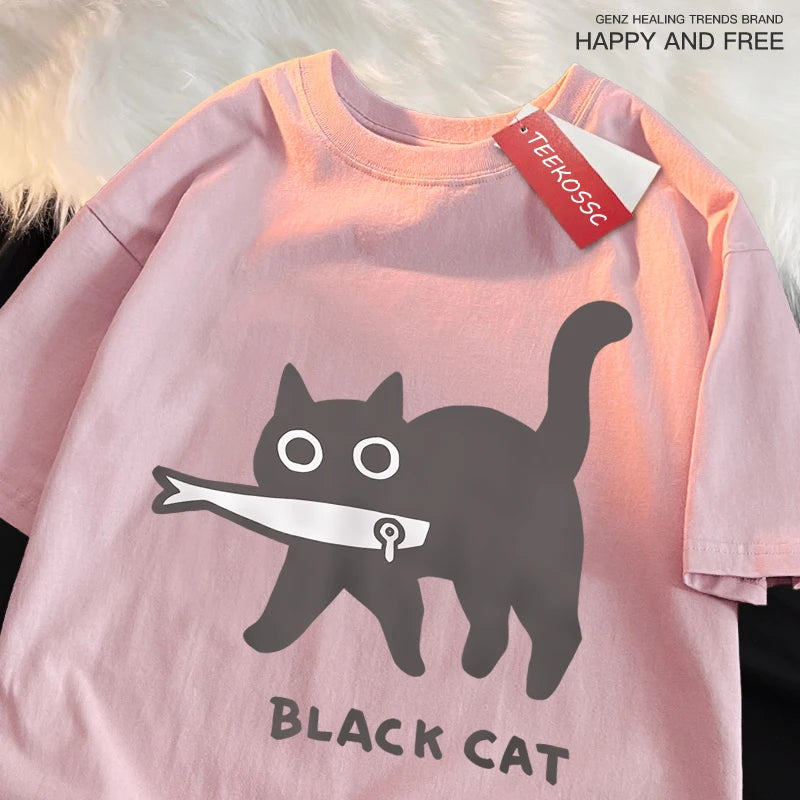 Fun Black Cat Eating Fish T-Shirt - Japanese Style Cotton Tee