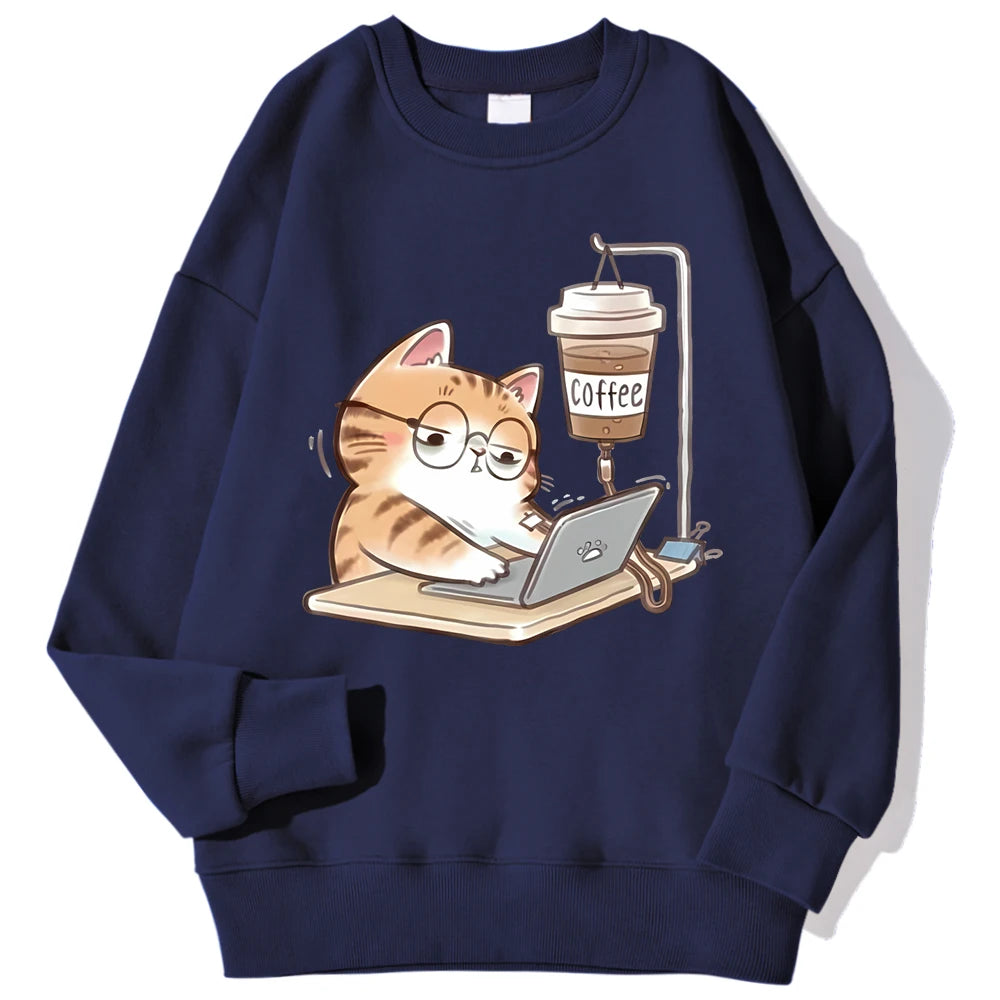 Work Cats Coffee Hoodie - Loose Comfortable Fleece Hoodie for Women Men
