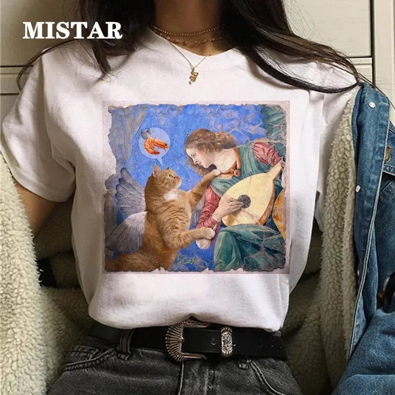 Cat Oil Painting T-Shirt - Women's Funny Graphic Tee Summer Top