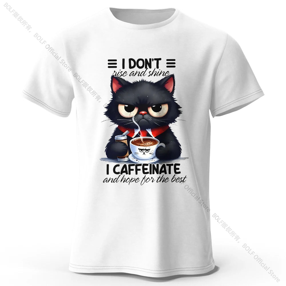 Coffee Loving Cat Print T-Shirt - 100% Cotton Unisex Round Neck Tee