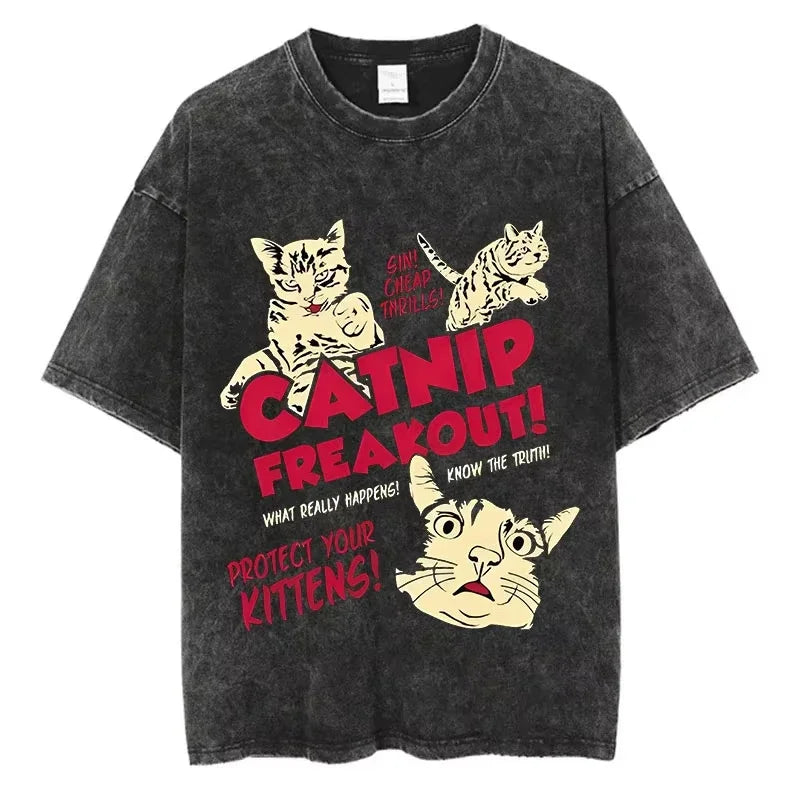 Animal Cat Print Vintage Washed T-Shirt - Y2K Cotton Hip Hop Tee