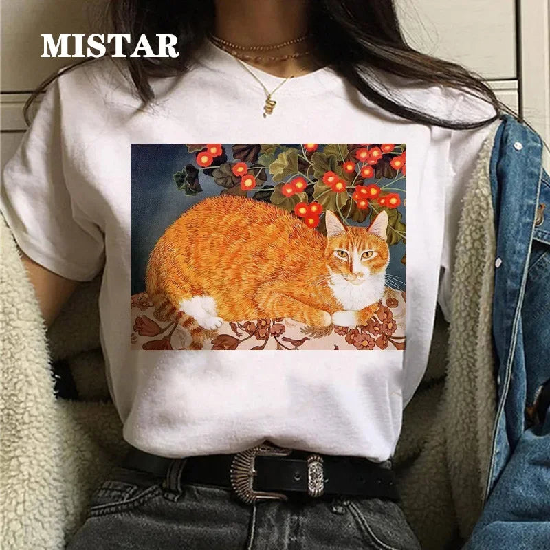 Cat Oil Painting T-Shirt - Women's Funny Graphic Tee Summer Top