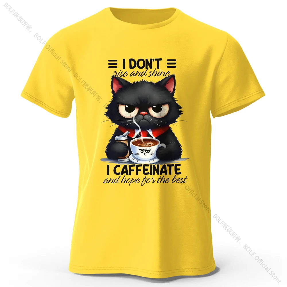Coffee Loving Cat Print T-Shirt - 100% Cotton Unisex Round Neck Tee