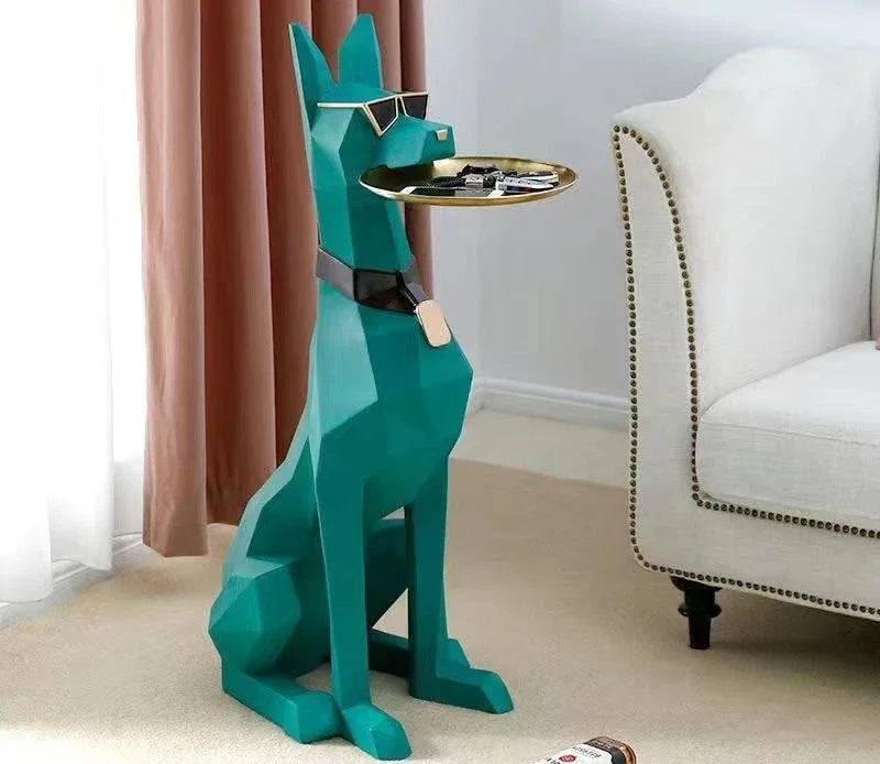 Large Doberman Side Table - Big Dog Statue Tray Living Room Decor