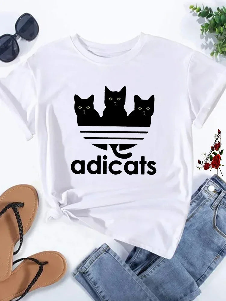 Funny Cat Printed T-Shirt - Women's Hip Hop Cartoon Street Tee