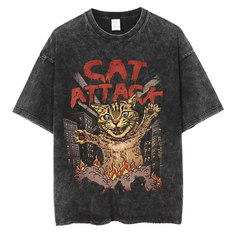 Animal Cat Print Vintage Washed T-Shirt - Y2K Cotton Hip Hop Tee