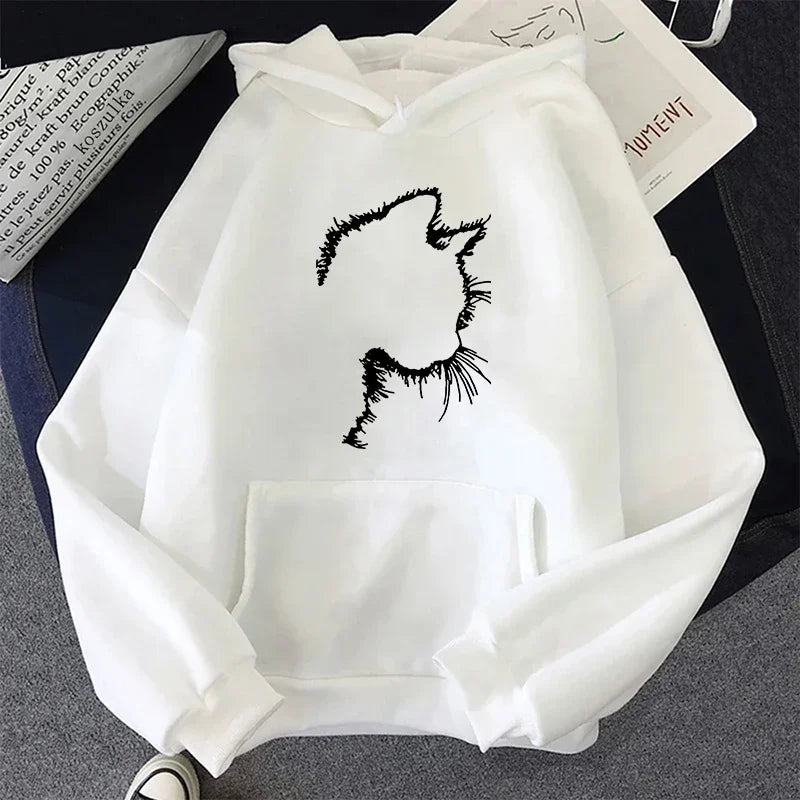 Woman Cat Print Hoodie - Cute Long Sleeve Pullover Sweatshirt