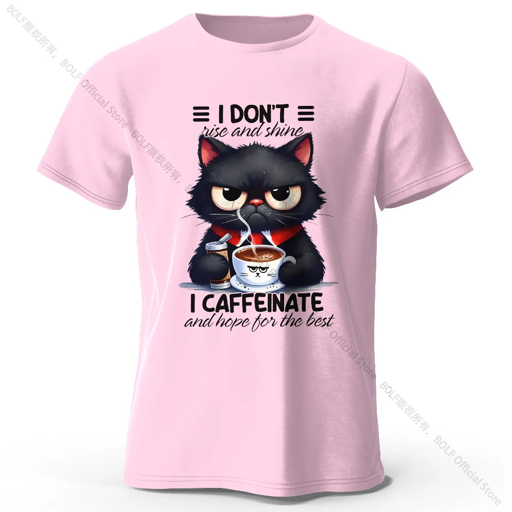 Coffee Loving Cat Print T-Shirt - 100% Cotton Unisex Round Neck Tee