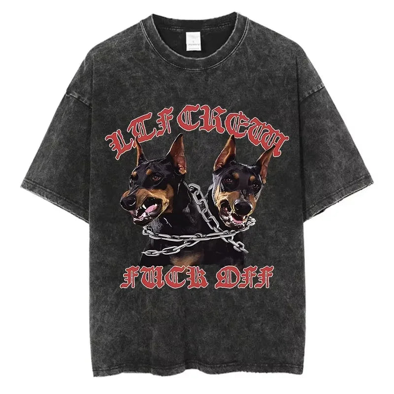 Animal Cat Print Vintage Washed T-Shirt - Y2K Cotton Hip Hop Tee