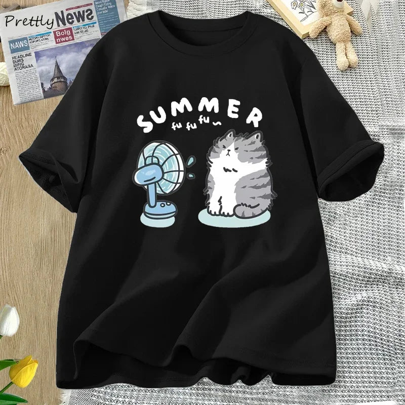 Summer Funny Cat and Fan Graphic T-Shirt - Cotton Harajuku Streetwear