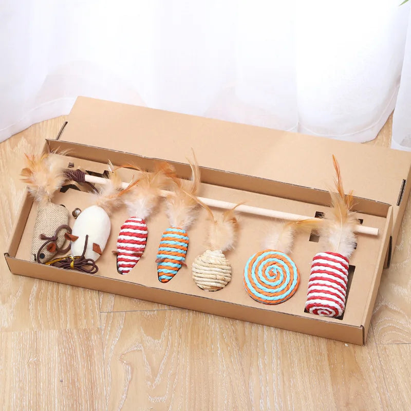 7-Piece Cat Toy Set – Feather Wand, Plush Mouse & Bell Toys