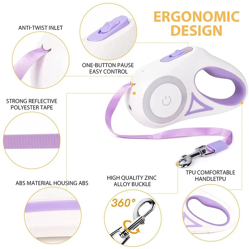 Retractable Dog Leash with LED Light – Durable Night Walking