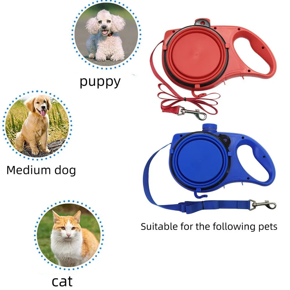 3-in-1 Retractable Dog Leash with Water Bottle & Bowl – Portable Pet Walking Lead
