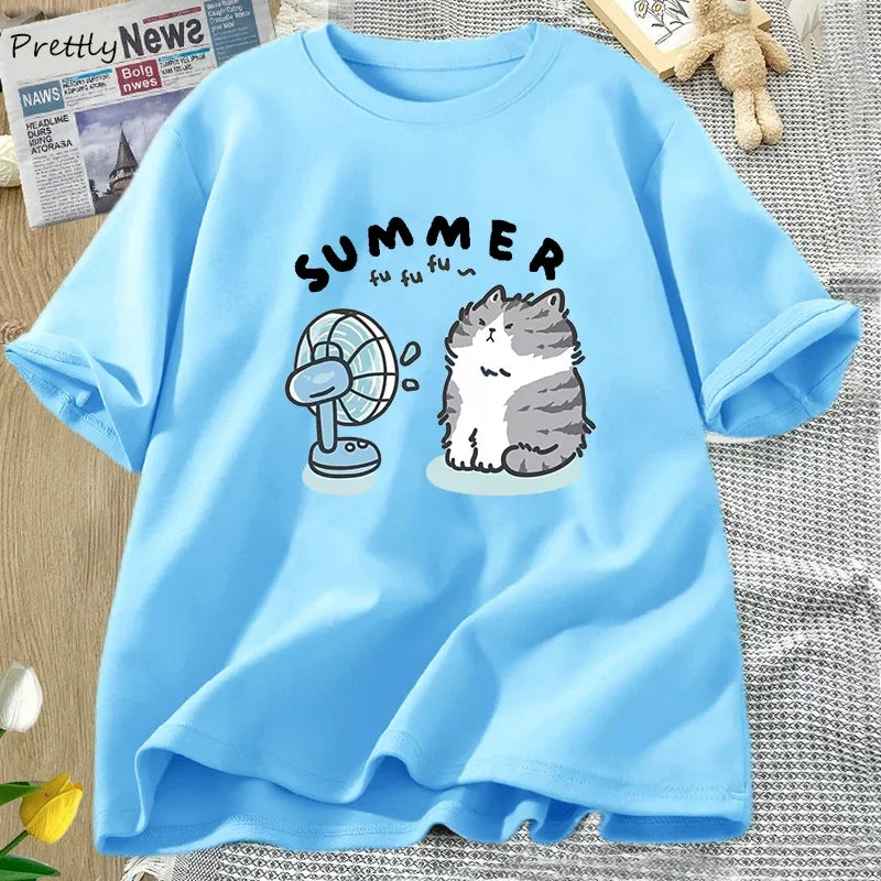 Summer Funny Cat and Fan Graphic T-Shirt - Cotton Harajuku Streetwear