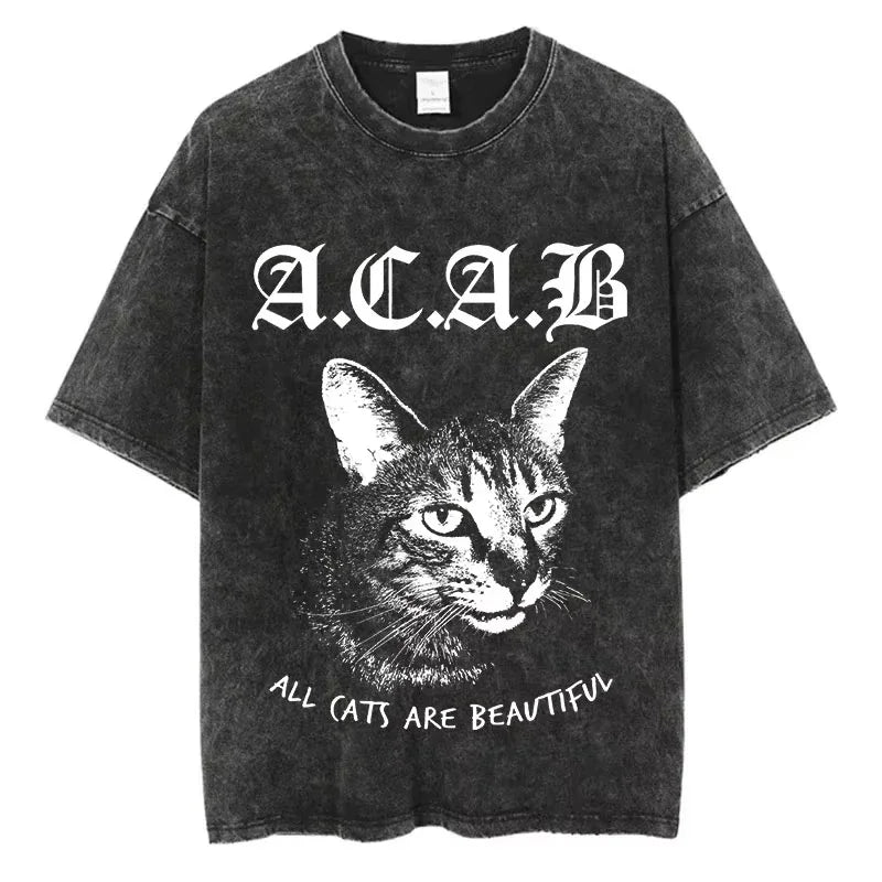 Animal Cat Print Vintage Washed T-Shirt - Y2K Cotton Hip Hop Tee