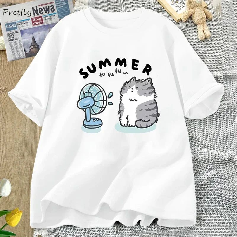 Summer Funny Cat and Fan Graphic T-Shirt - Cotton Harajuku Streetwear