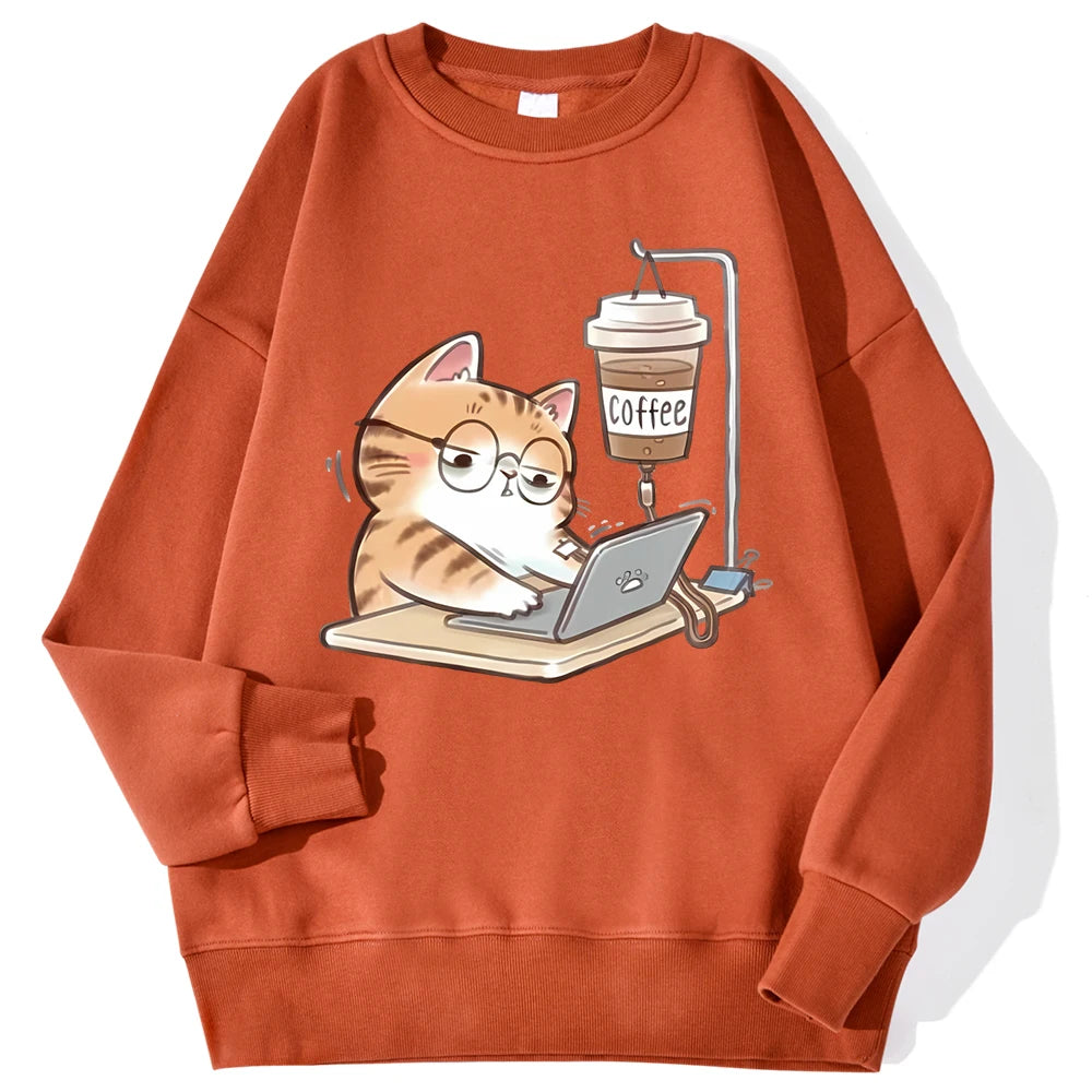 Work Cats Coffee Hoodie - Loose Comfortable Fleece Hoodie for Women Men