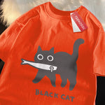 Load image into Gallery viewer, Fun Black Cat Eating Fish T-Shirt - Japanese Style Cotton Tee
