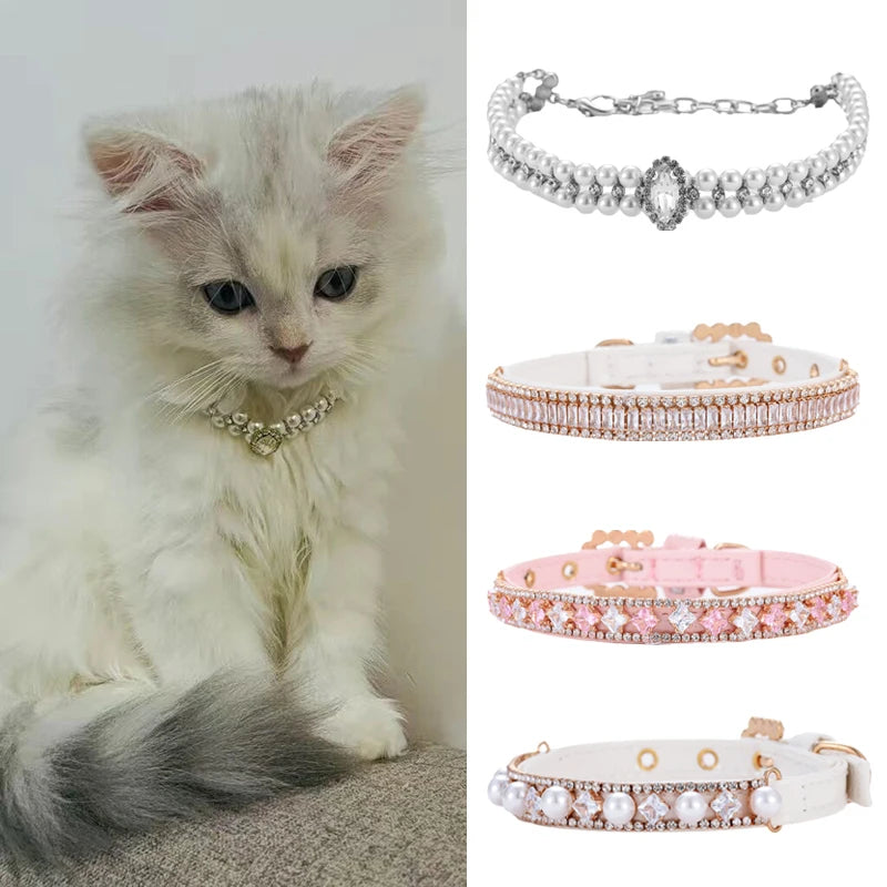 Luxury Pearl Rhinestone Cat & Puppy Necklace Collar for Small Dogs & Cats