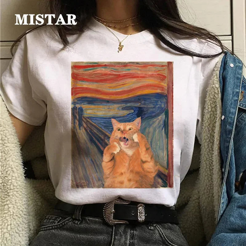 Cat Oil Painting T-Shirt - Women's Funny Graphic Tee Summer Top