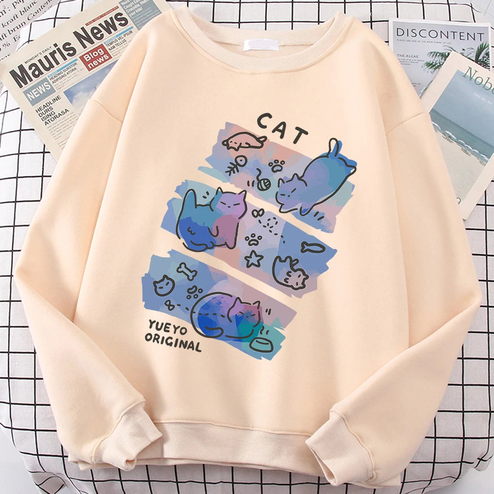 Fun Mischievous Cat Print Hoodie - Loose Comfortable Fleece Pullover