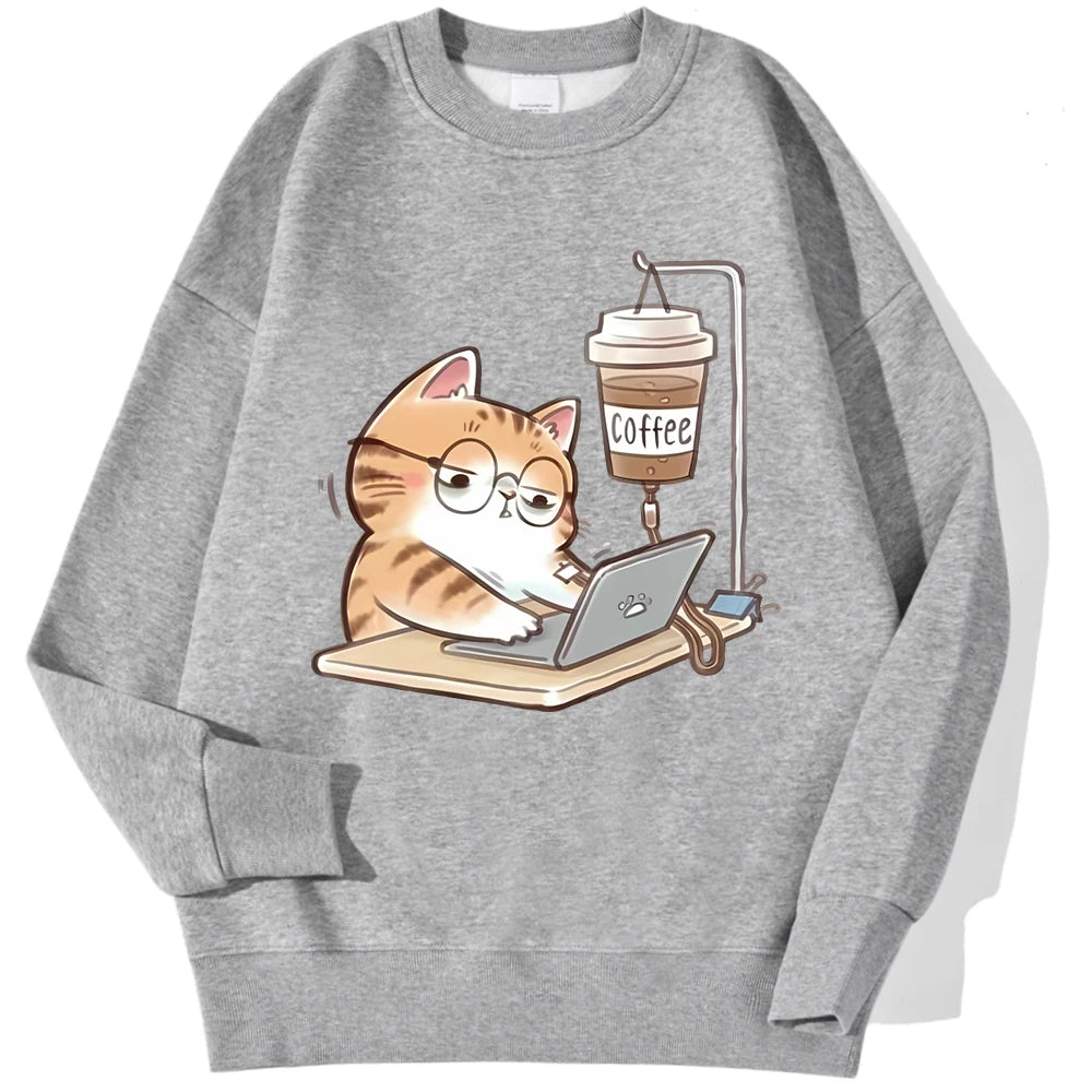 Work Cats Coffee Hoodie - Loose Comfortable Fleece Hoodie for Women Men