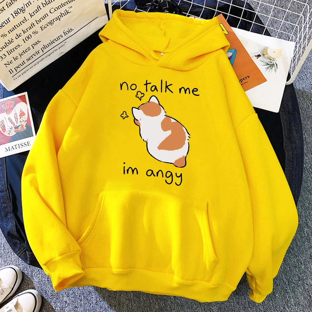 No Talk Me Angry Cat Print Hoodie - Women's Hip Hop Fleece Pullover