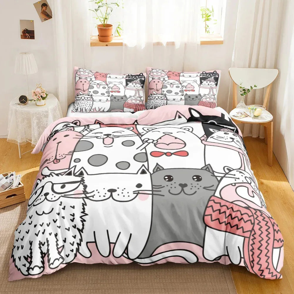 3PCS Cartoon Cat Bedding Set - Cute Printed Duvet Cover & Pillows