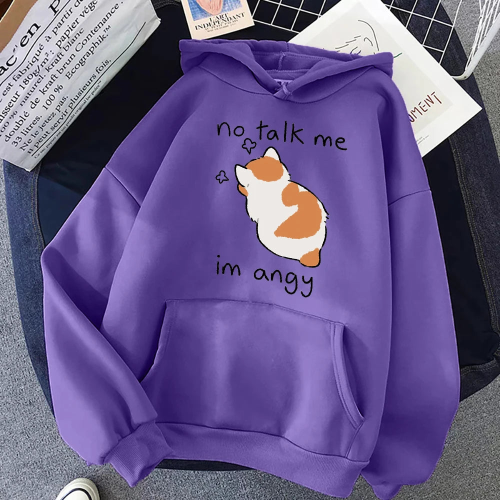 No Talk Me Angry Cat Print Hoodie - Women's Hip Hop Fleece Pullover