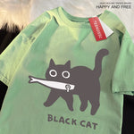 Load image into Gallery viewer, Fun Black Cat Eating Fish T-Shirt - Japanese Style Cotton Tee
