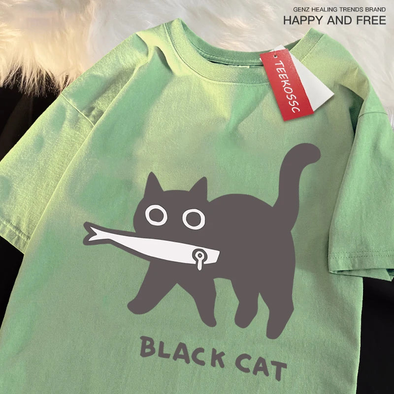 Fun Black Cat Eating Fish T-Shirt - Japanese Style Cotton Tee
